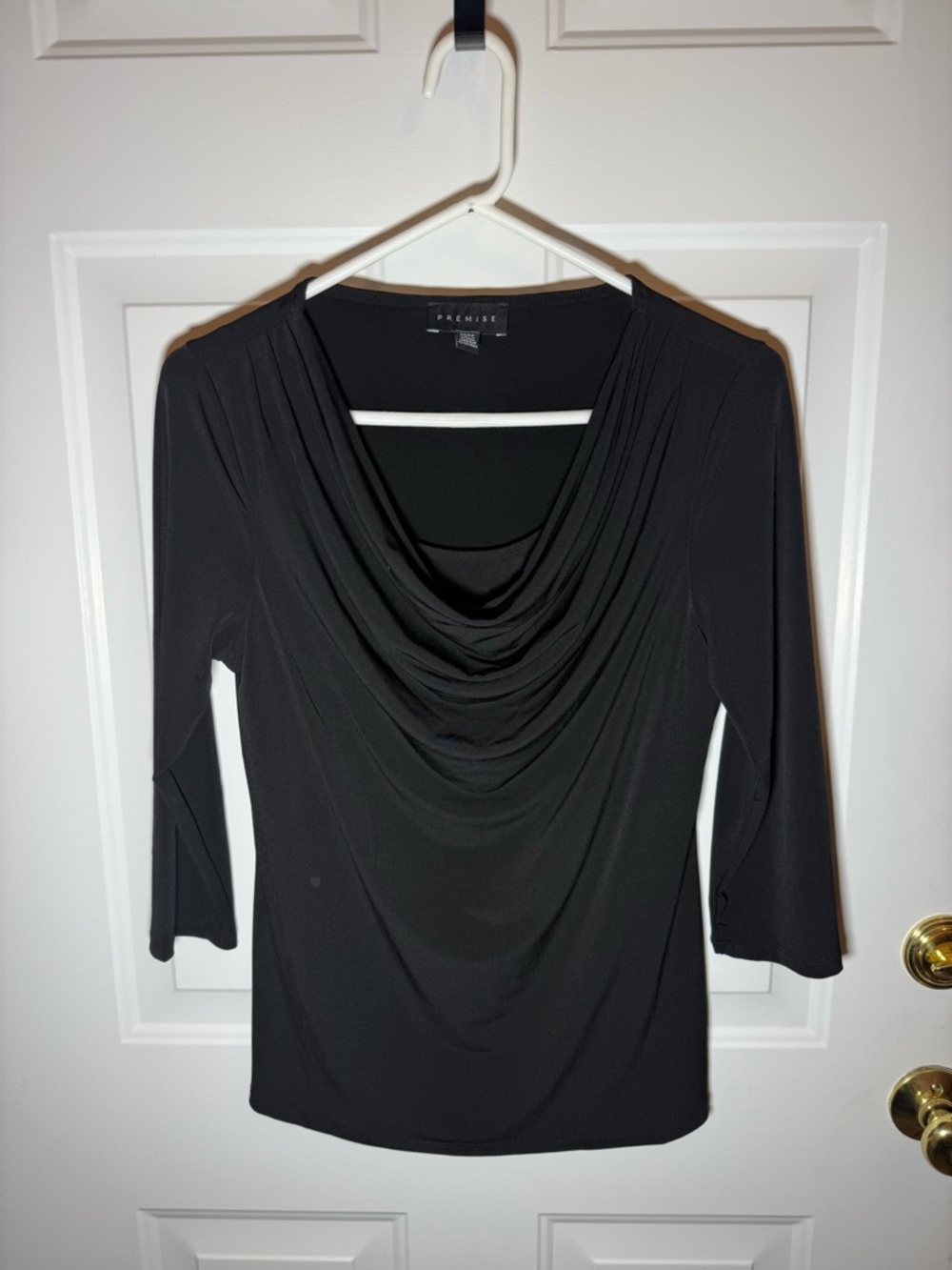 Premise Black Draped Cowl-Neck 3/4 Sleeve Top- Double Lined in Front